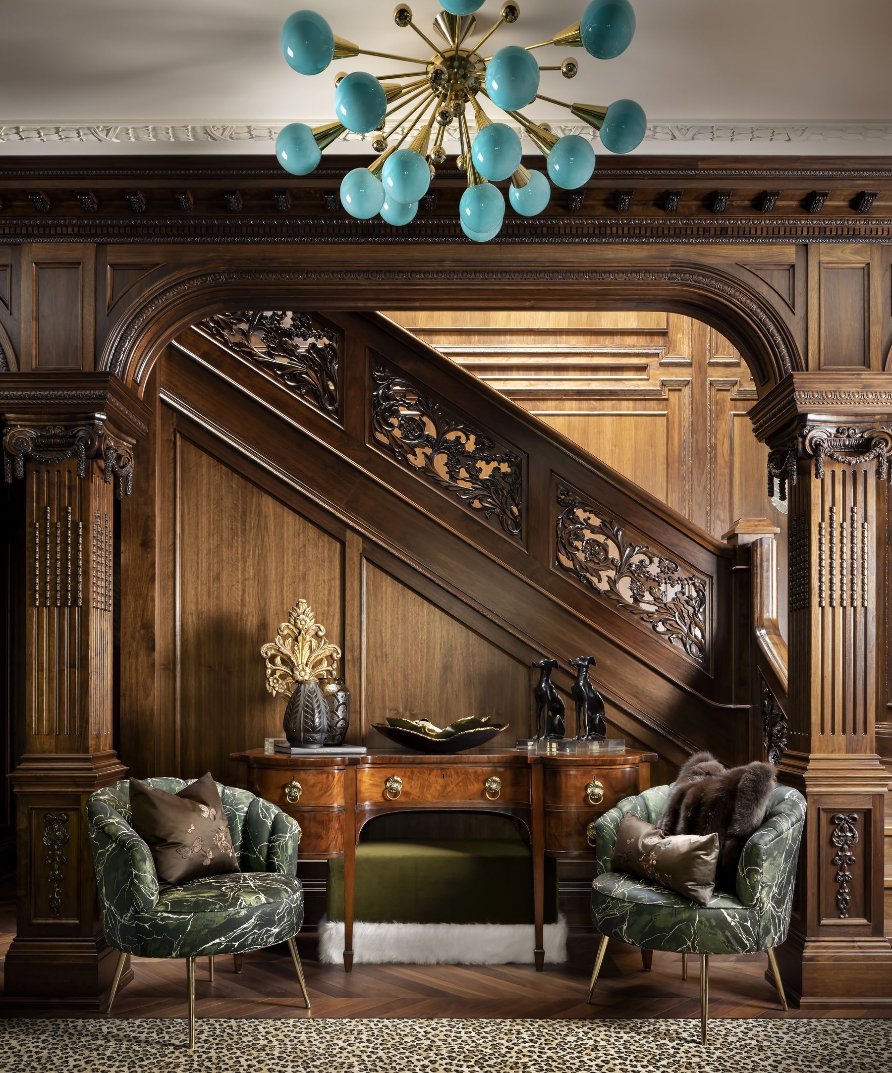 Carved wood staircase and seating
