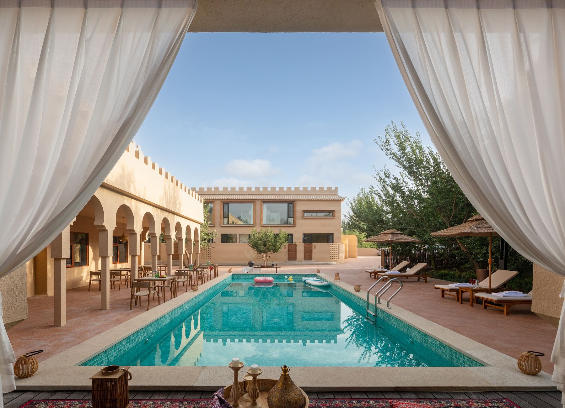Pool terrace at dusk